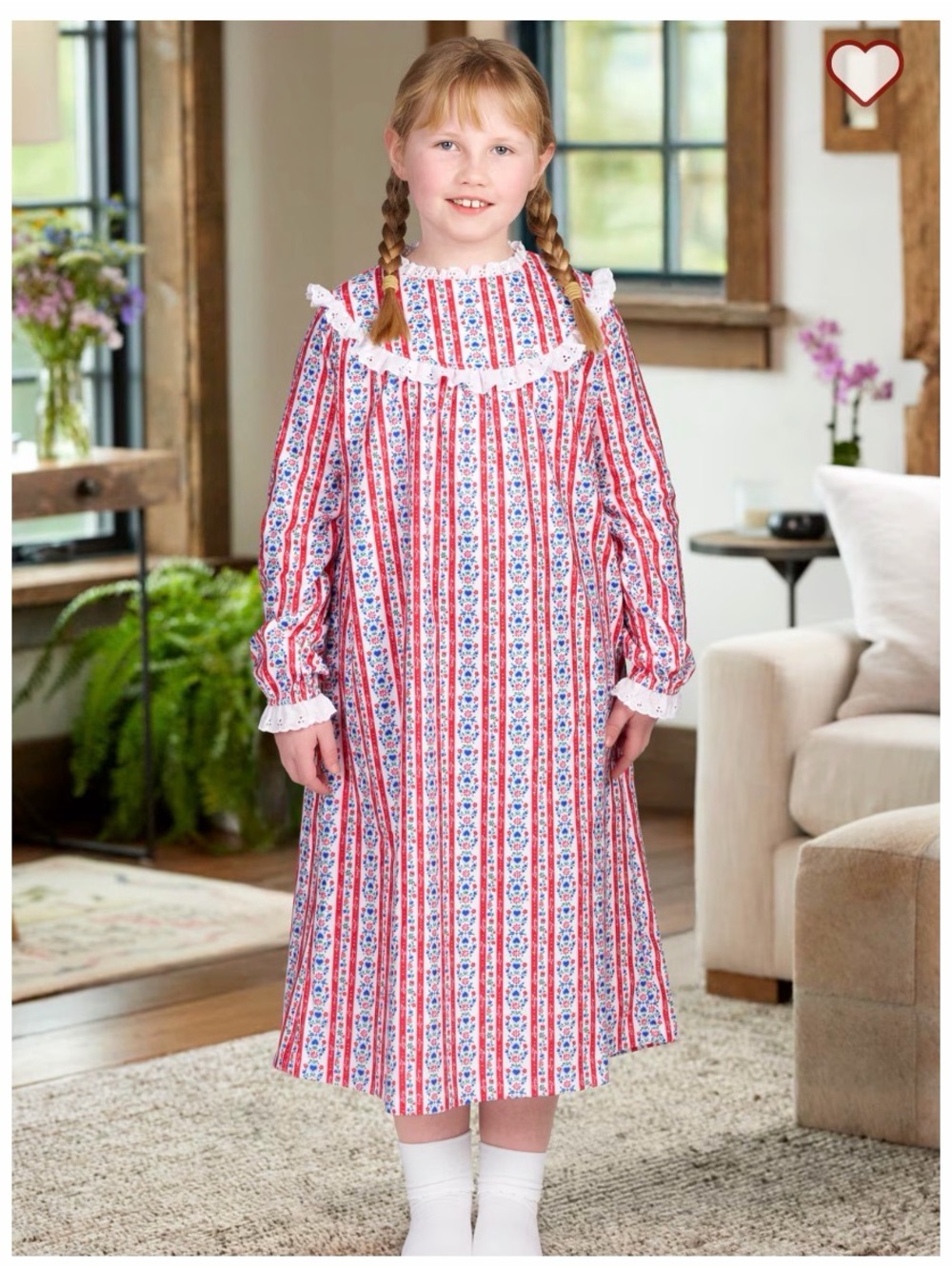 Lanz Girls' Red & White Striped Floral Heart Ruffle Nightgown Size Large 10/12